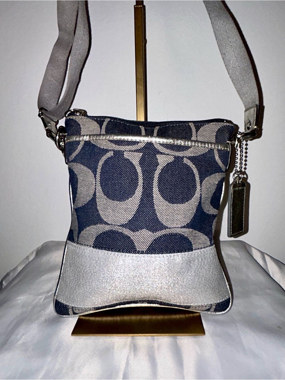 Coach Signature Denim and Silver Swingpack Crossbody Bag. Y2K